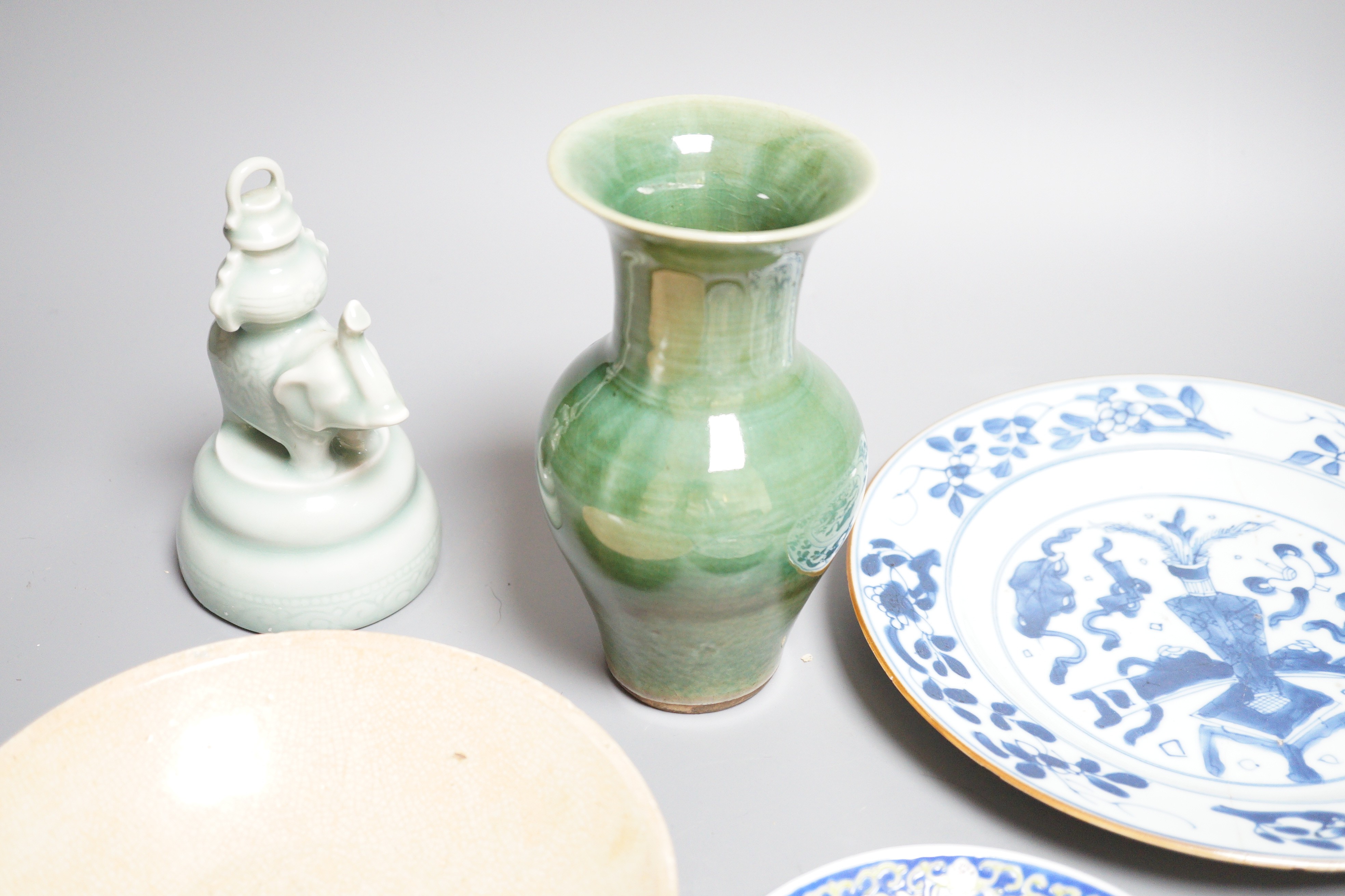 An 18th century Chinese blue and white dish together with other Chinese ceramics, dish diameter 22cm